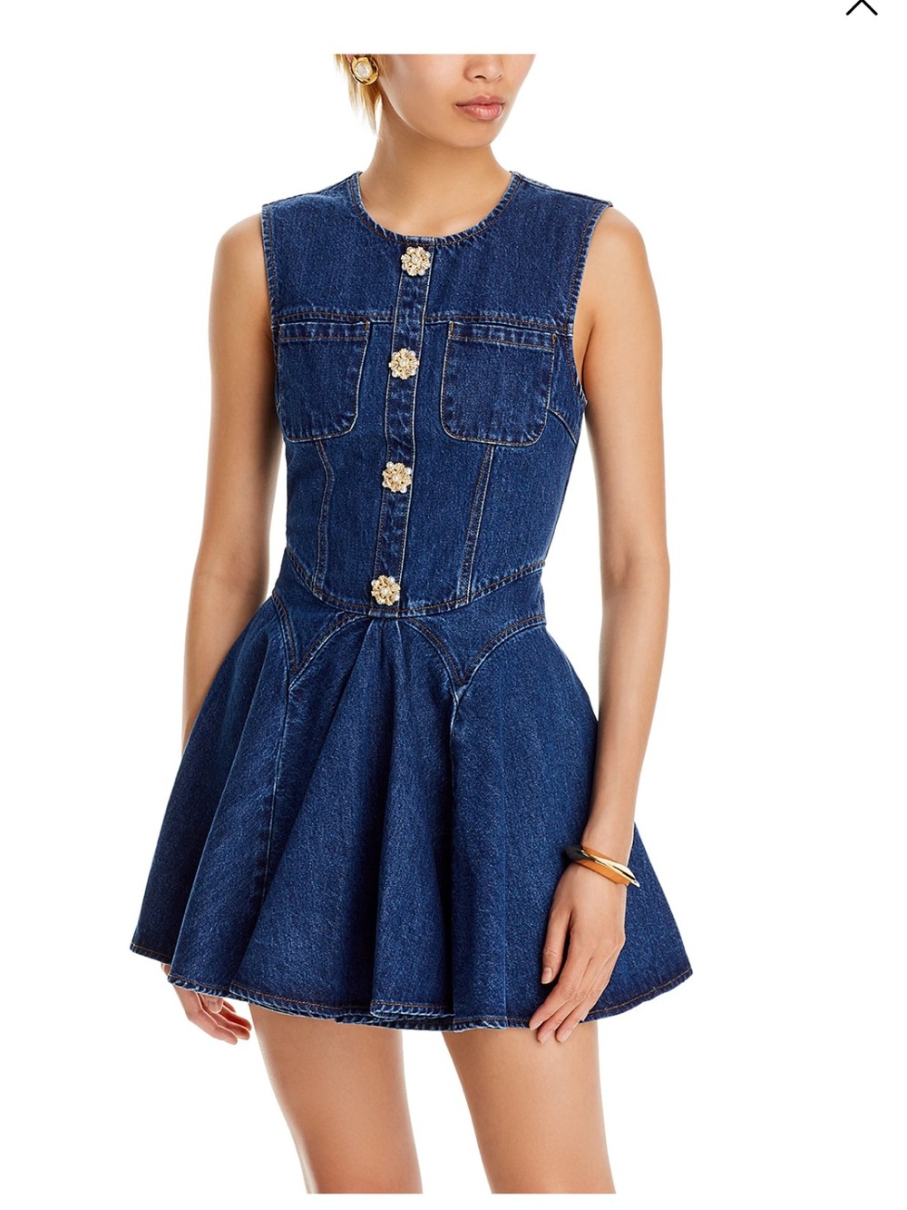 Self-Portrait Navy Denim Sleeveless Fit-and-Flare Mini Dress